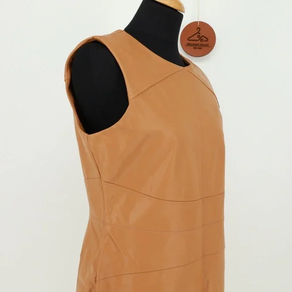 CALVIN KLEIN Faux Leather Sleeveless Pencil Dress - Tan